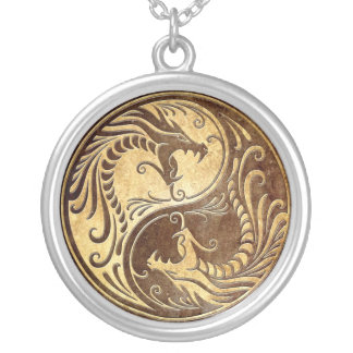 Stone Yin Yang Dragons Silver Plated Necklace