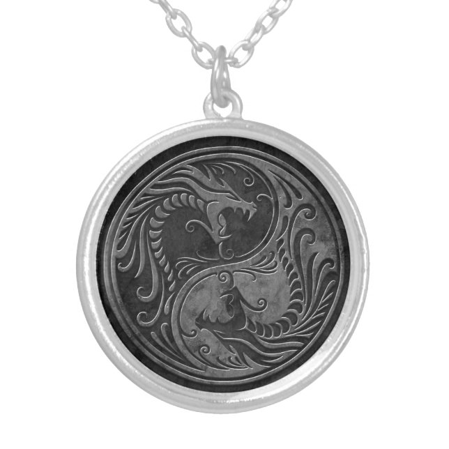 Stone Yin Yang Dragons Silver Plated Necklace (Front)