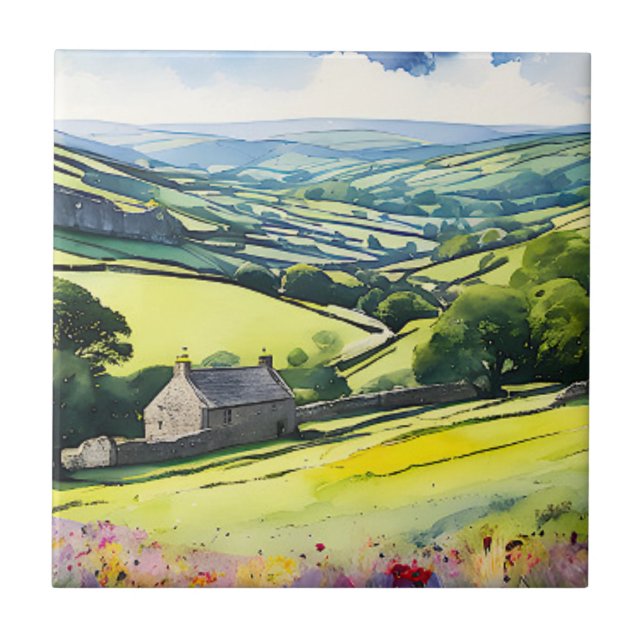 “Stonedale” Wide Landscape Yorkshire Dales Scene Ceramic Tile (Front)