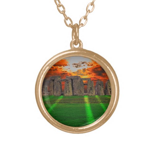 Stonehenge Standing Stones at Sunset Gold Plated Necklace