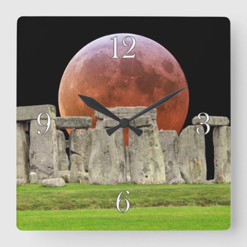 Stonehenge Standing Stones  Blood Moon 2 Square Wall Clock
