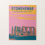 Stonehenge Travel Art Retro Illustration Jigsaw Puzzle<br><div class="desc">Stonehenge vector artwork.  It consists of an outer ring of vertical sarsen standing stones,  each around 13 feet high,  seven feet wide,  and weighing around 25 tons,  topped by connecting horizontal lintel stones.</div>