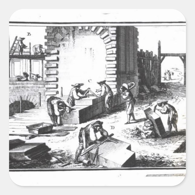 Stonemasons at work, engraved by Lucotte Square Sticker (Front)