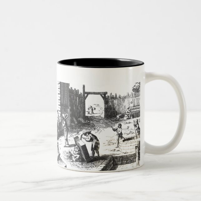 Stonemasons at work, engraved by Lucotte Two-Tone Coffee Mug (Right)