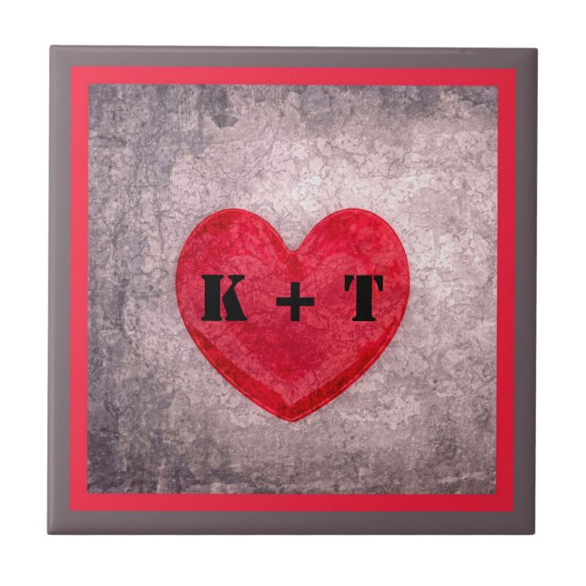 Stonewashed Heart in Gray and Red Monogrammed Tile (Front)