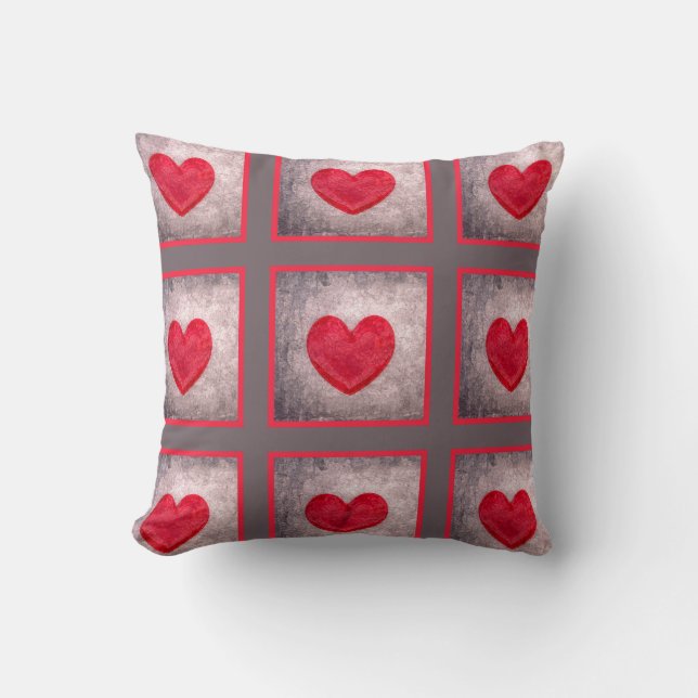 Stonewashed Heart in Gray and Red Plaid Throw Pillow (Front)