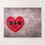 Stonewashed Heart Monogram Personalize Jigsaw Puzzle<br><div class="desc">A red heart sits on a black, white, gray distressed background. Personalize the text to fit your needs!</div>