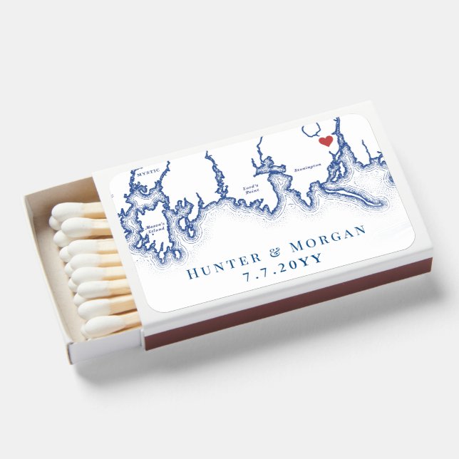Stonington CT Map Elegant Navy Blue Wedding Favor Matchboxes (Front Open)