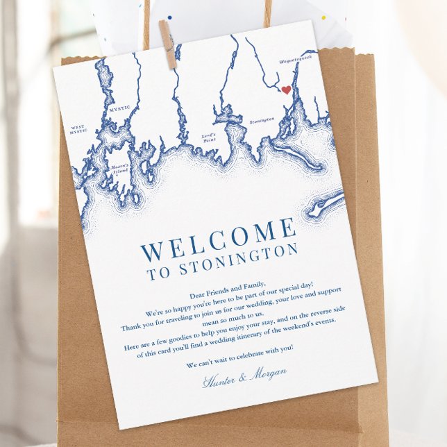 Stonington CT Map Wedding Welcome Letter Navy Blue Thank You Card (Stonington CT Map Wedding Welcome letter and weekend events itinerary in elegant navy blue)