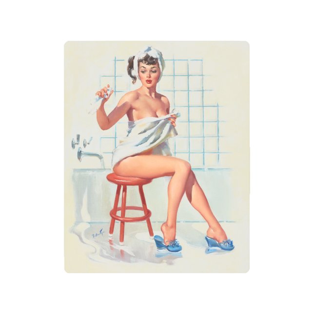 Stool pigeon sexy bathroom retro pinup girl metal print (Front)