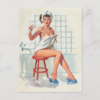 Stool pigeon sexy bathroom retro pinup girl postcard