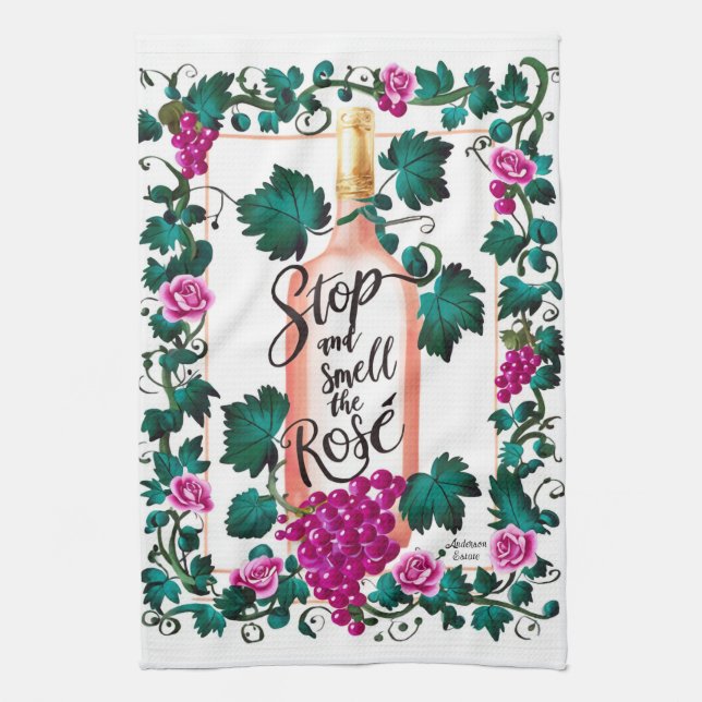 Stop and Smell the Rosé Custom Pink Vino Kitchen Towel (Vertical)