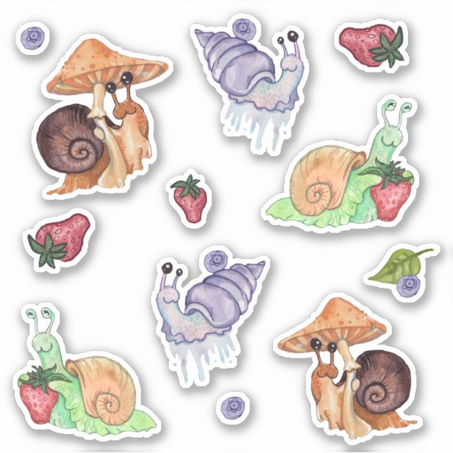 Stop and Smell the Strawberry watercolor snails Sticker (Front)