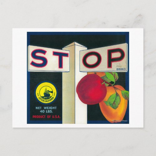 Stop Apple Crate LabelCutler CA Postcard