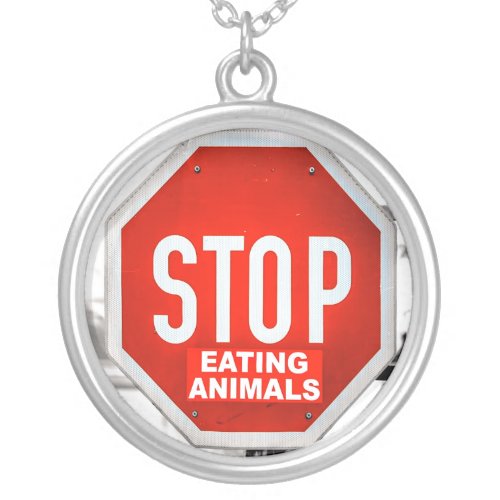 Stop Eating Animals Vegetarian Vegan Silver Plated Necklace
