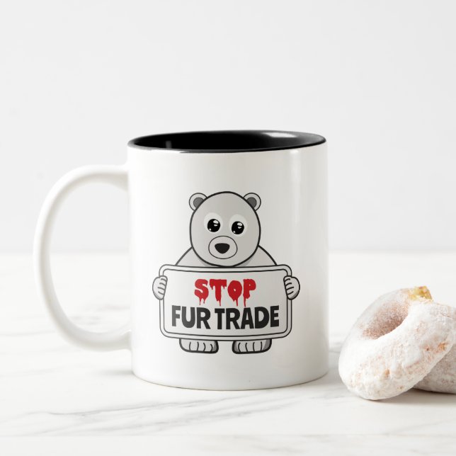 Stop Fur Trade Sad Polar Bear Two-Tone Coffee Mug (With Donut)