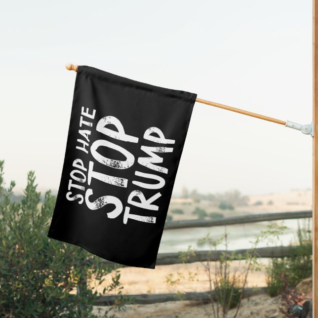 Stop Hate Stop Trump House Flag (Insitu (Back))