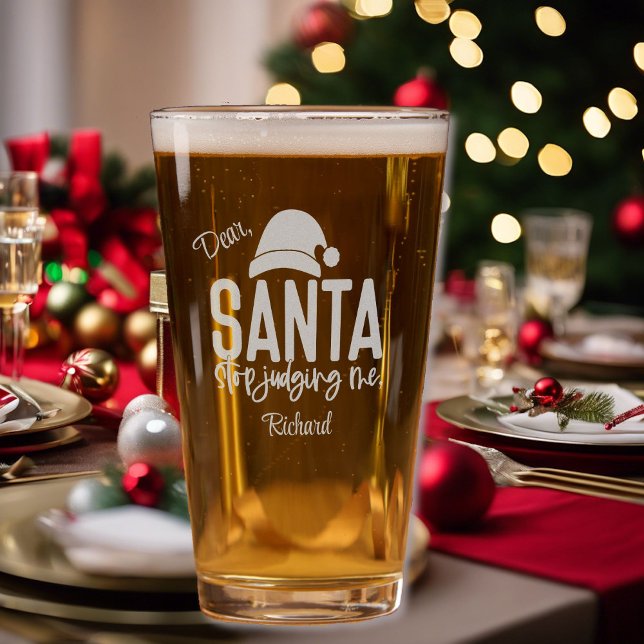 Stop Judging Me Santa Add Name Etched Gift Pint Glass (Creator Uploaded)