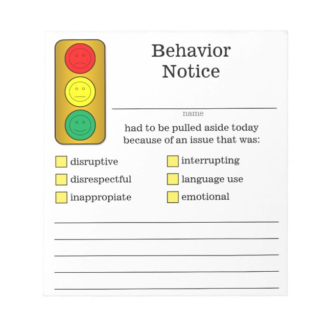 Stop Light Student Behavior Notice Notepad (Front)