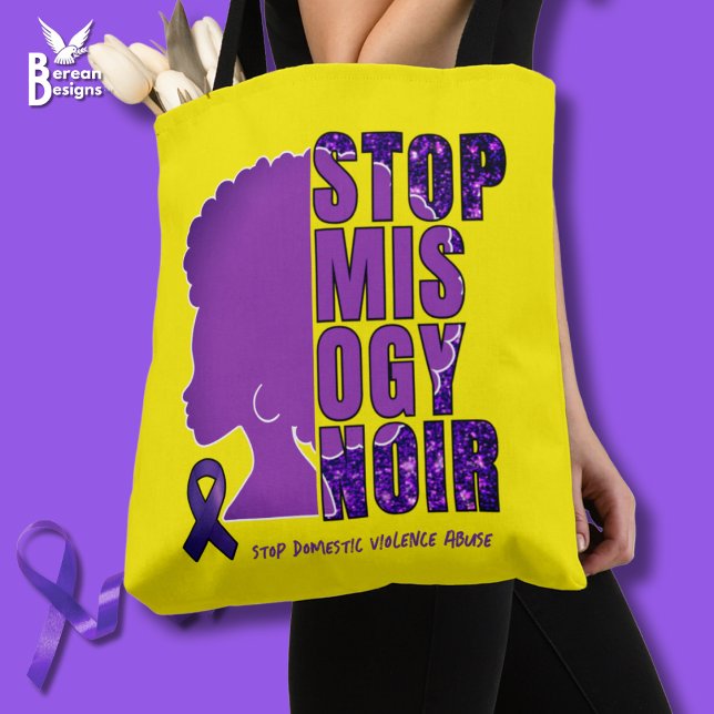 STOP MISOGYNOIR Domestic Violence Awareness  Tote Bag (Yellow STOP MISOGYNOIR Tote Bag to raise awareness of  DVA and anti-Black women hatred. Custom text)