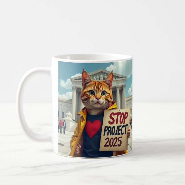 Stop Project 2025 Cat Protester AI Art Coffee Mug (Left)