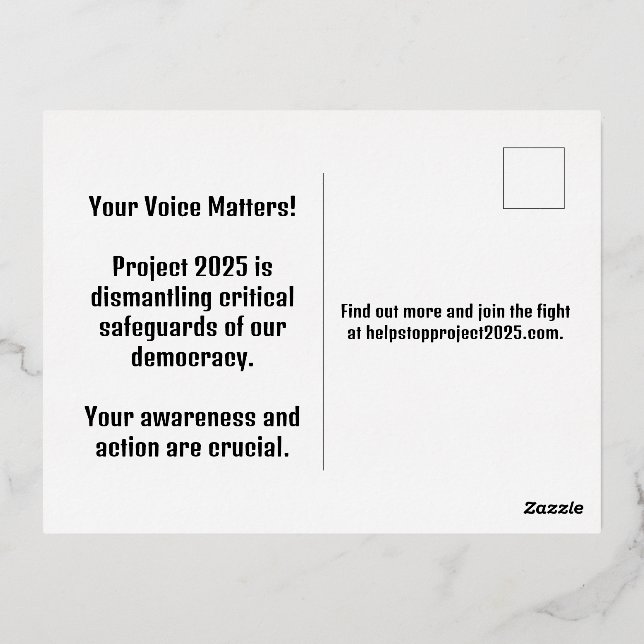 Stop Project 2025 - Defend Democracy - Vote Blue Foil Holiday Postcard (Back)