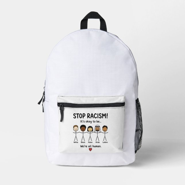 Stop racism we're all human printed backpack (Front)