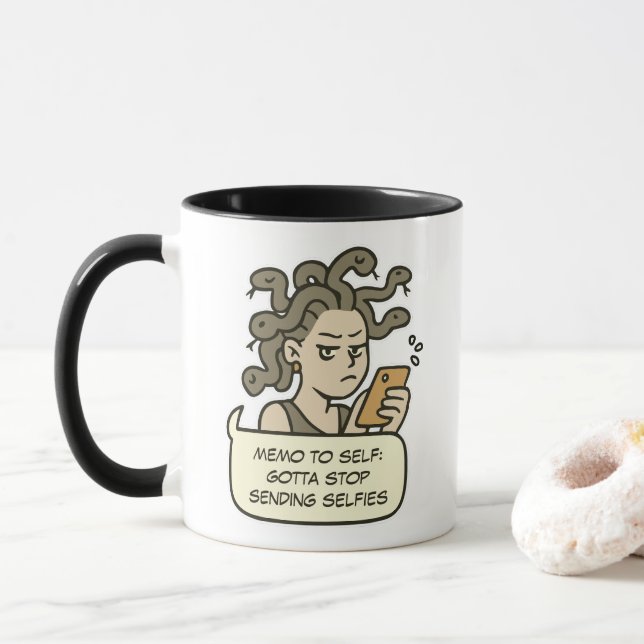 Stop Sending Selfies, Funny Medusa Greek Mythology Mug (With Donut)