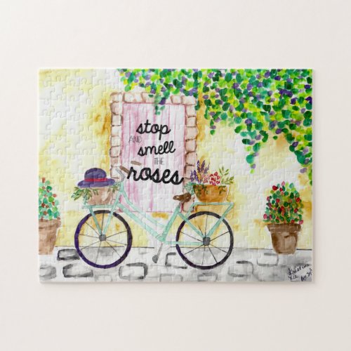 Stop  Smell the Roses Watercolor Flowers Bike Jigsaw Puzzle