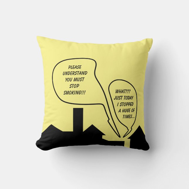 Stop Smoking Ironic Black Monochrome Cartoon Throw Pillow (Front)