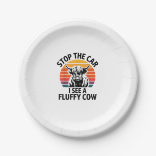 Stop The Car I See Fluffy Cow Retro Highland Cow L Paper Plates