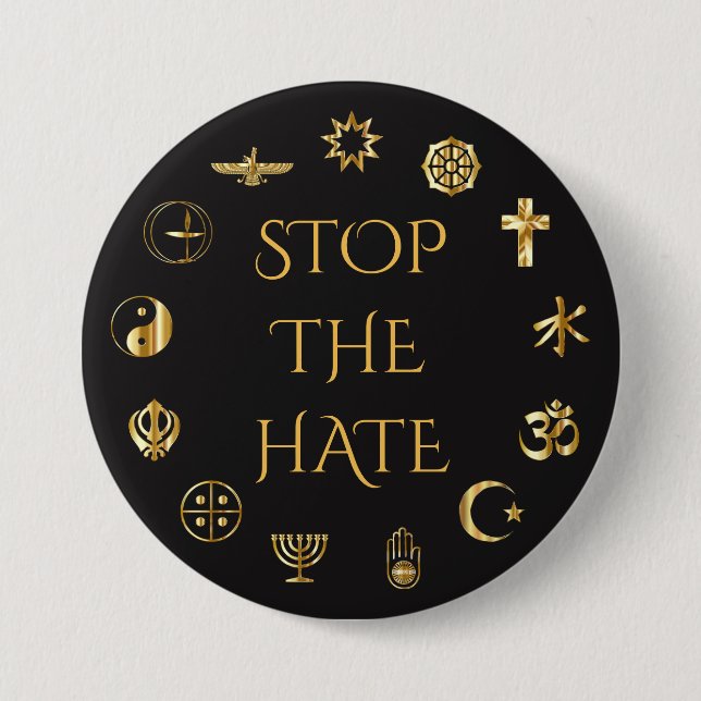 "Stop the Hate" with Symbols of World Religions Button (Front)