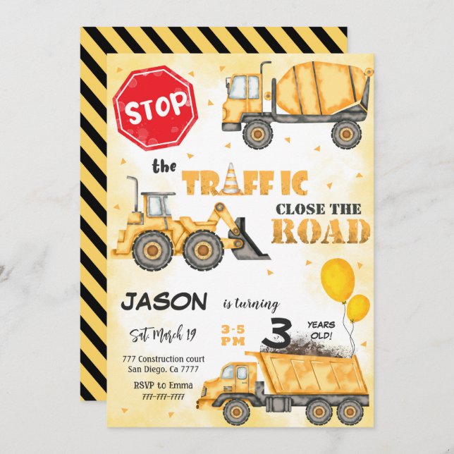 Stop the Traffic Construction Birthday Invitation (Front/Back)