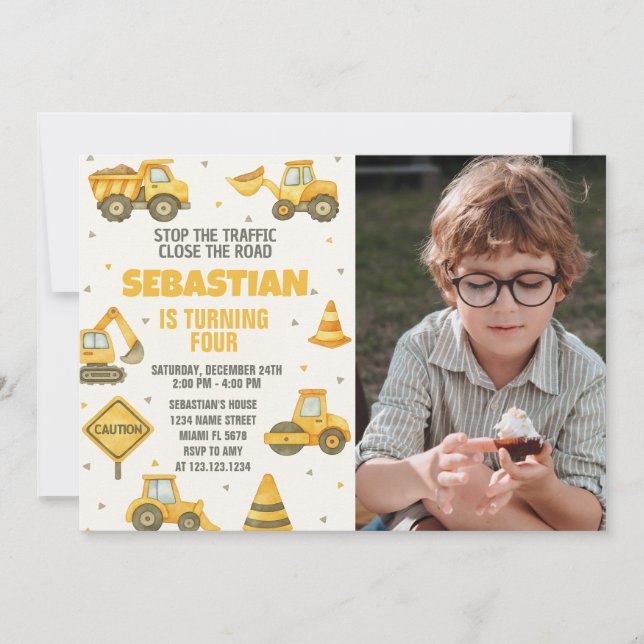 Stop the Traffic! Construction Birthday Invitation (Front)