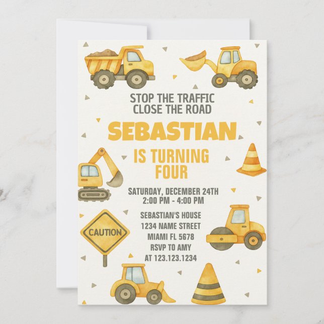 Stop the Traffic! Construction Birthday Invitation (Front)