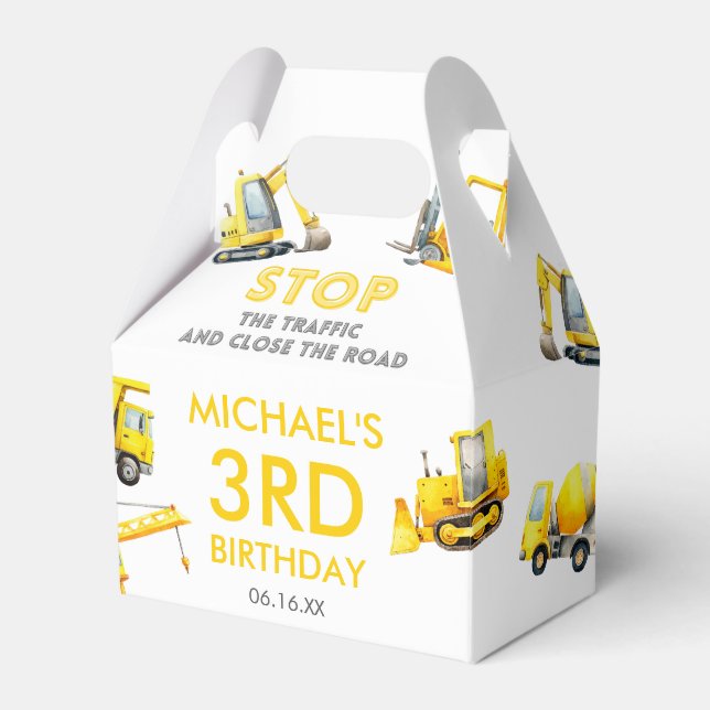 Stop The Traffic Construction Trucks Birthday Favor Boxes (Front Side)