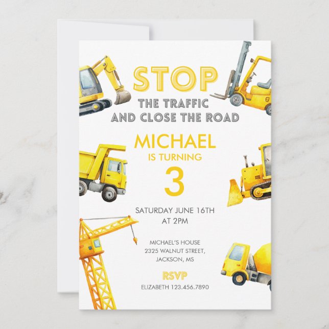 Stop The Traffic Construction Trucks Birthday Invitation (Front)