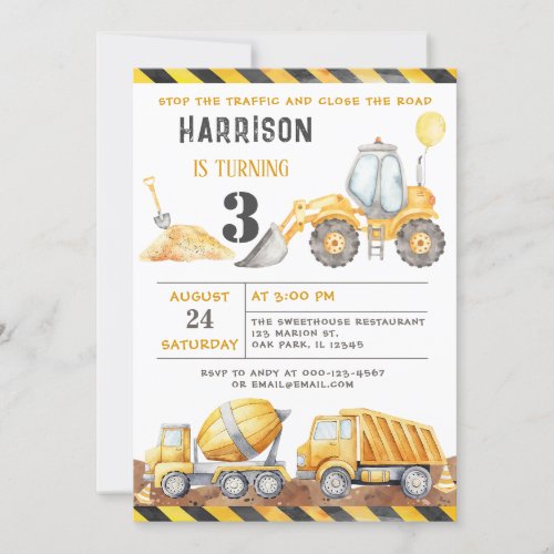 Stop The Traffic Construction Trucks Birthday  Invitation