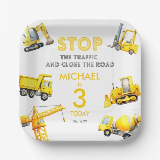 Stop The Traffic Construction Trucks Birthday Paper Plates (Front)