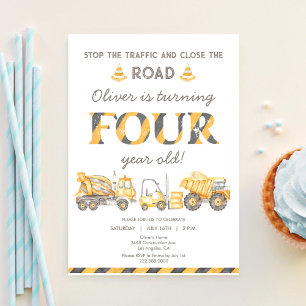 Stop The Traffic Truck Construction 4th Birthday Invitation