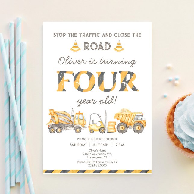 Stop The Traffic Truck Construction 4th Birthday Invitation (Creator Uploaded)