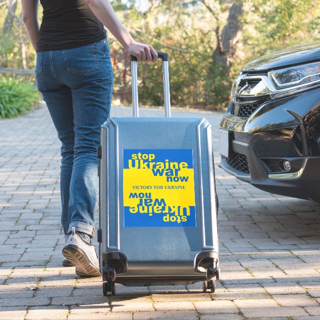 Stop Ukraine War Now Flag Victory for Ukraine Text Sticker (Suitcase Insitu)
