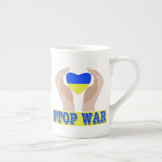 Stop war Ukrainian flag heart in hands Bone China Mug (Right)