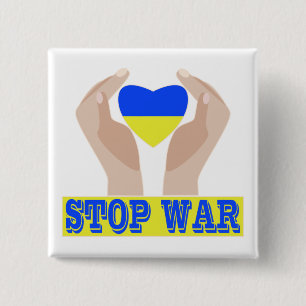 Stop war Ukrainian flag heart in hands Button