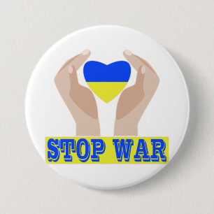 Stop war Ukrainian flag heart in hands Button
