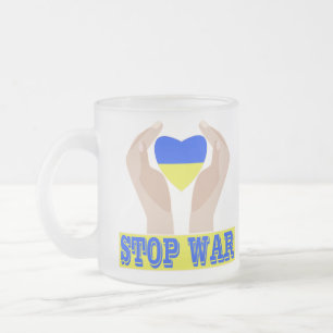 Stop war Ukrainian flag heart in hands Frosted Glass Coffee Mug