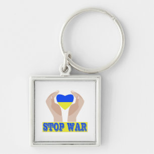 Stop war Ukrainian flag heart in hands Keychain