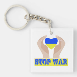 Stop war Ukrainian flag heart in hands Keychain