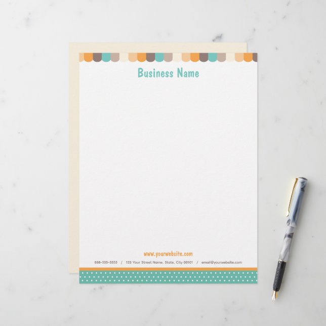 Store Awning Letterhead in Brown, Orange and Teal (Front/Back In Situ)