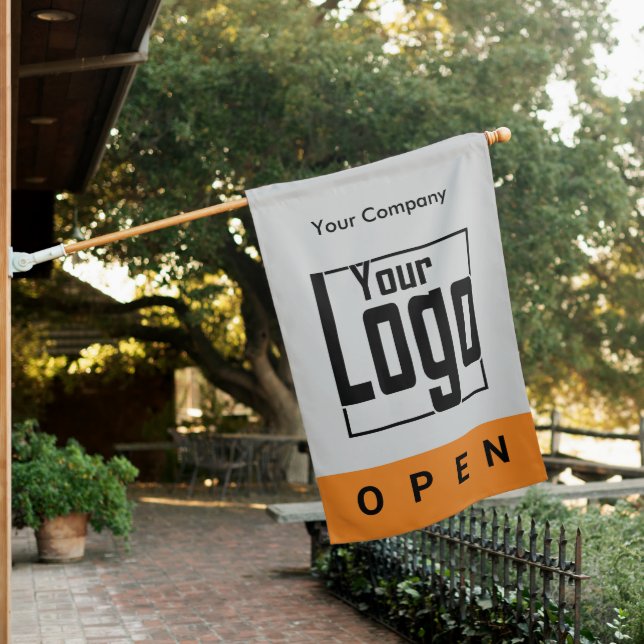 Store Custom Logo Gray Black Orange Store Open House Flag (In SItu)